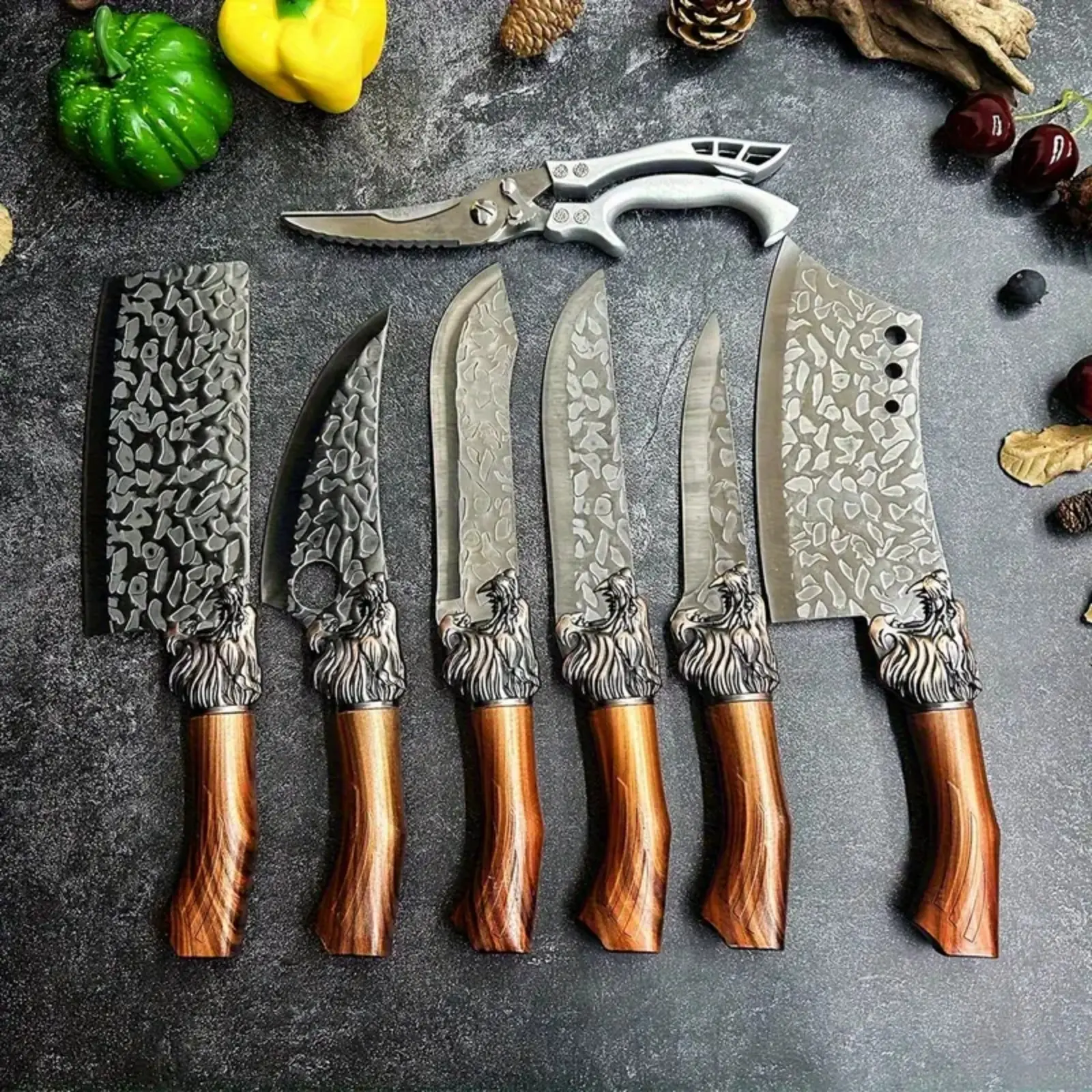 7-Piece Stainless Steel Kitchen Knife Block Set - Forged Ultra-Sharp Non-Cast Knives with Boning, Slicing, Carving, Fish Butcher Tools, Food-Contact Safe Scissors for Cutting Tasks & Everyday Use
