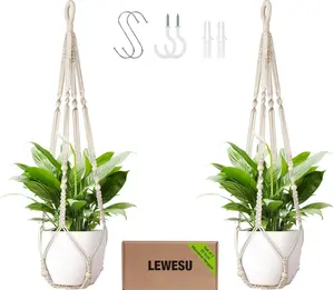 Macrame Plant Hanger Indoor Set of 2 with 4 Hooks, Indoor Outdoor Hanging Planter for Plants Holder with Decorative Wood Beads & No Tassels, Boho Home Decor, 35 Inch Ivory (Pots Not Included)