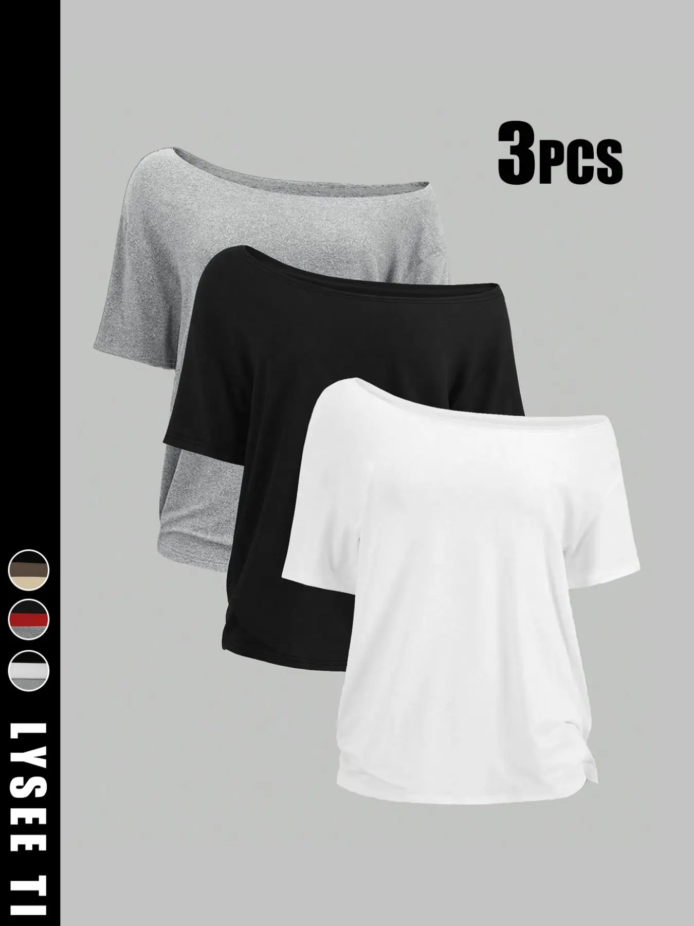 3PCS Plus-Size Women's Fashion Casual Simple Black, White, and Gray Solid Color Off-Shoulder T-Shirt Set