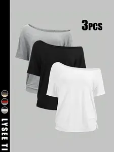 3PCS Plus-Size Women's Fashion Casual Simple Black, White, and Gray Solid Color Off-Shoulder T-Shirt Set
