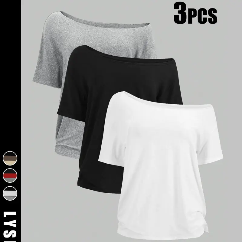 3PCS Plus-Size Women's Fashion Casual Simple Black, White, and Gray Solid Color Off-Shoulder T-Shirt Top Set