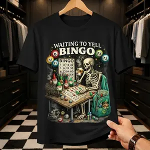 Waiting To Yell Bingo Skeleton T-Shirt - Funny Bingo Lover Gift, Lucky Player Graphic Tee, Casino Humor Top