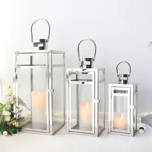 19''&15''&12'' H Retro Stainless Steel Metal Candle Lantern Hanging Candle Holder with Clear Glass Panels(Set of 3) Decor Decorative Centerpiece Wedding Christmas Ornaments Electronic Transparent Light