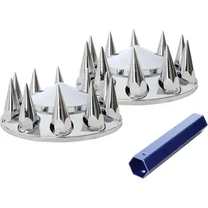 Chrome ABS Front Spiked Axle Wheel Cover for Semi Truck Plastic Hub Cover with 33mm Screw-On Lug Nut Covers 2 Front Axle Wheel Covers Hubcap (Front 2)