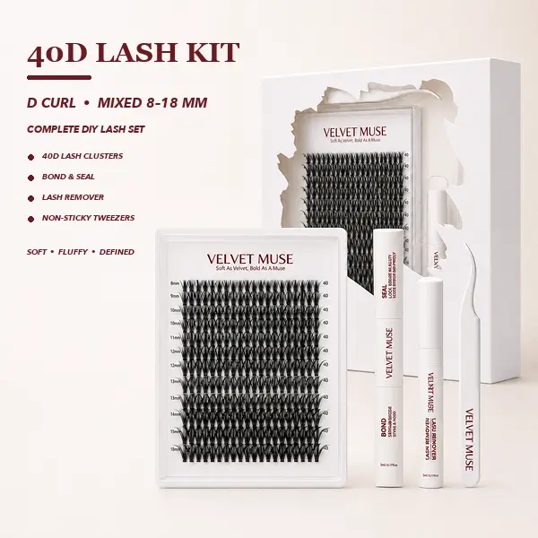 Velvet Muse 40D Cluster Lashes Kit , D Curl 8-18mm, 240pcs , DIY Lash Extension Kit with Bond & Seal, Remover & Tweezer
