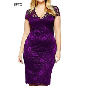 SFTQ INS New V-neck Dress European and American Spring Summer Short Sleeve Plus Size Lace Dress Women's Fashion