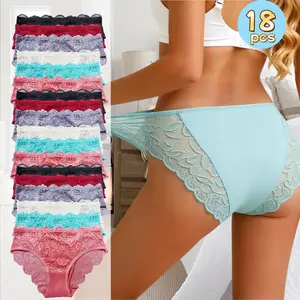H  18pcs Women's Lace Panties: Sexy, 3D floral cut, wave edges, semi-transparent, mid-waist, minimalist, cute & comfortable, plus sizes, full size range. Womenswear Pastel Breathable Knicker underwear for women