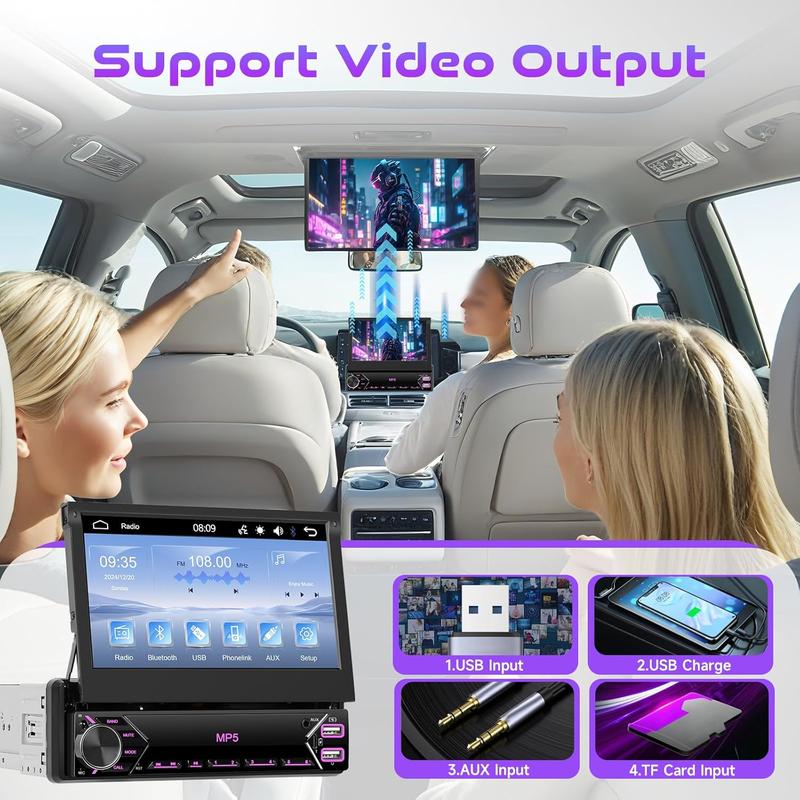 Single Din Flip Out Car Stereo Bluetooth 7 Inch Retractable Touch Screen Car Radio 1 Din Mirror Link/FM/EQ USB/Type-C/AUX SWC,  Car Audio Receiver MP5 Multimedia Player with Backup Camera