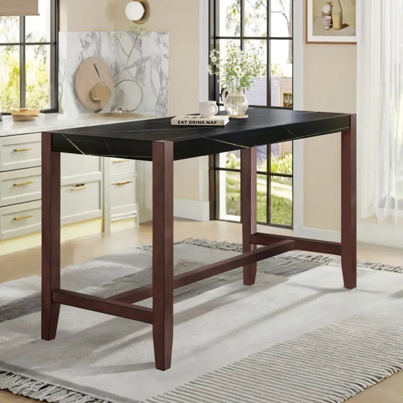 47.5-Inch Walnut Faux Marble Counter Height Bar Dining Table - 4 Legs at the Bottom, Easy to Clean, Assembly Required (Accessories Needed) - Modern Home Kitchen Living Room Furniture