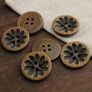 Vintage Flower Pattern Wooden Button, Floral Button, 10pcs/set Retro Four-eye Button, DIY Sewing Accessories for Clothes, Jeans, Coats, Jackets