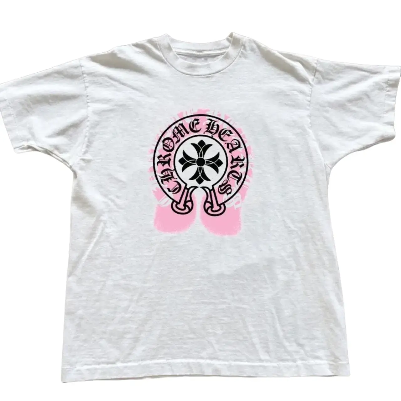 Ch Hearts Cross Graphic T-Shirt, White Unisex Cotton Tee, Pink Pattern Streetwear Shirt, Vintage Y2K Gothic Graphic T-Shirt, Trendy Fashion Gift