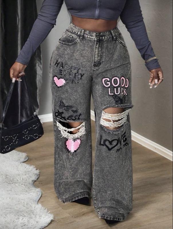 Slaydiva Women's Plus Size Grey Denim Extra Long Jeans With Ripped Knees And Graphic Prints Western Wear Women