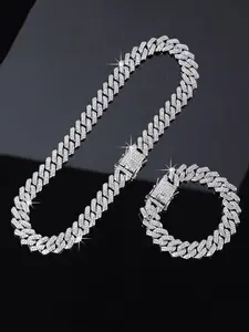 2-Piece Iced Out Cuban Link Jewelry Set (Necklace & Bracelet) – Durable Bold Hip-Hop Bling Style, Men's Jewelry,Rapper's Jewelry,Perfect for Streetwear, Nightclubs, Daily Wear & Hip-Hop Culture Gifting