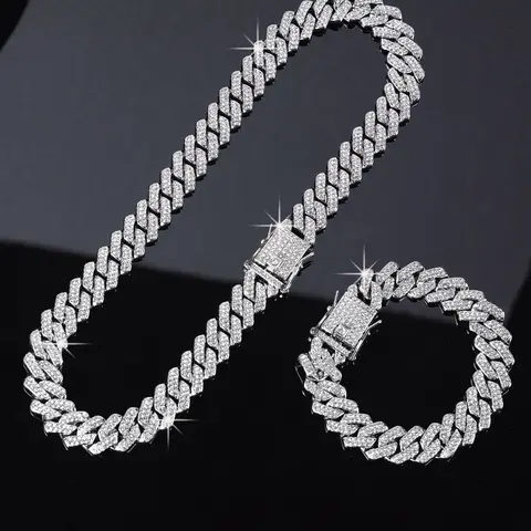 2-Piece Iced Out Cuban Link Jewelry Set (Necklace & Bracelet) – Blinged Out Durable Bold Hip-Hop Bling Style, Guys' Jewelry, Men's Jewelry,Rapper's Jewelry,Perfect for Streetwear, Nightclubs, Daily Wear & Hip-Hop Culture Gifting, Jewellery Gift Set
