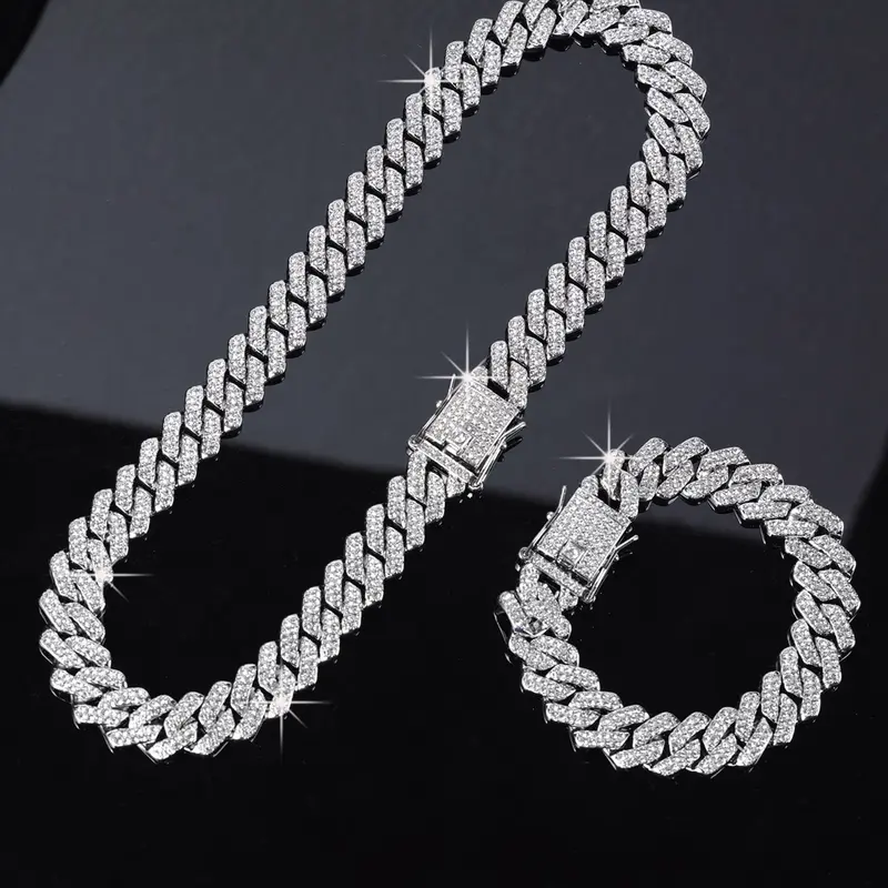 2-Piece Iced Out Cuban Link Jewelry Set (Necklace & Bracelet) – Blinged Out Durable Bold Hip-Hop Bling Style, Guys' Jewelry, Men's Jewelry,Rapper's Jewelry,Perfect for Streetwear, Nightclubs, Daily Wear & Hip-Hop Culture Gifting, Jewellery Gift Set