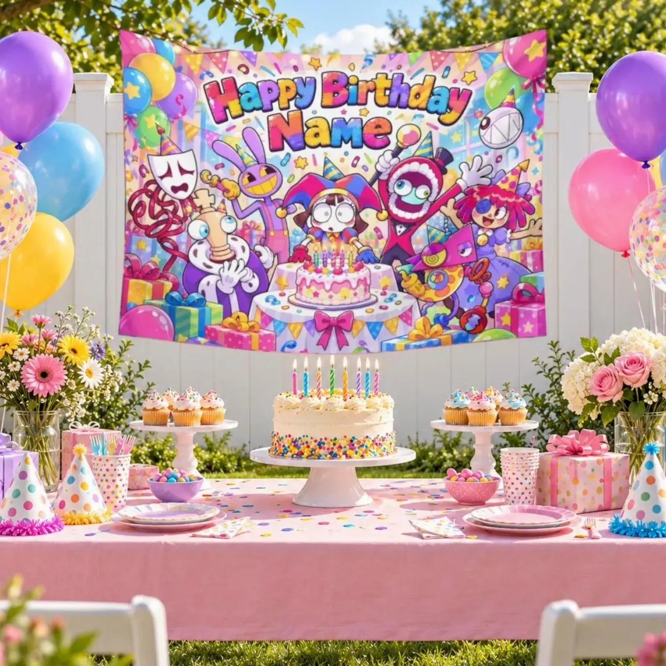 Birthday Banner, Amazing Digital Circus Personalized Name Party Backdrop, Kids Birthday Tapestry, Pomni Party Decor, Custom Banner