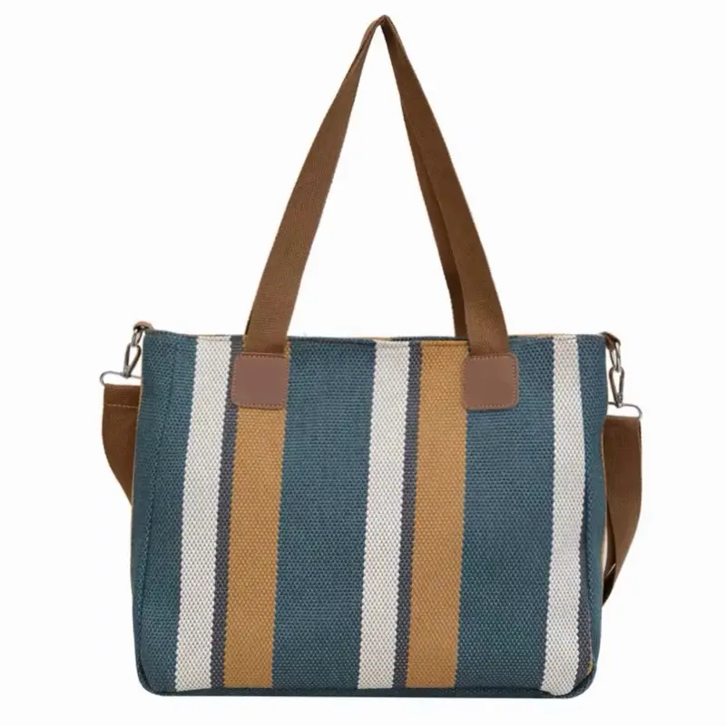 Women’s Canvas Striped Tote Bag, Spacious Reusable Shoulder Bag for Daily Errands, Shopping