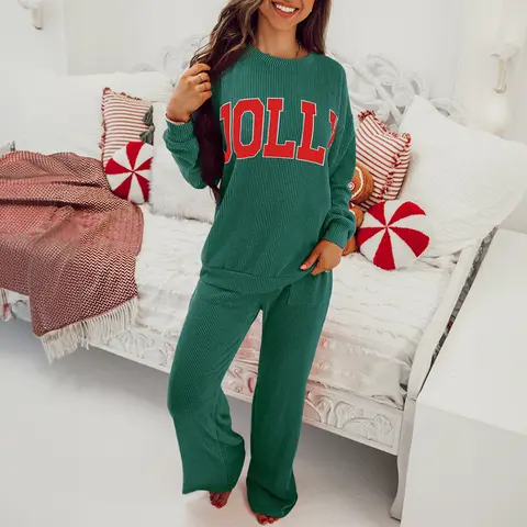 Znacicc Women's Fashion Fitted Christmas Fiery Red Corduroy 2-Piece Outfits, "JOLLY" Print Long Sleeve Top & Pockets Pants, Comfortable Everyday Winter Casual Loungewear Pajama Clothes