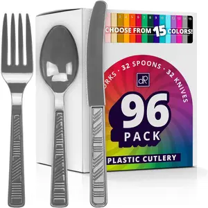 Plastic Cutlery Set,  Colored Plastic Silverware Sets for Parties, 96 count Bulk Heavy Duty Utensils (, 96 count)