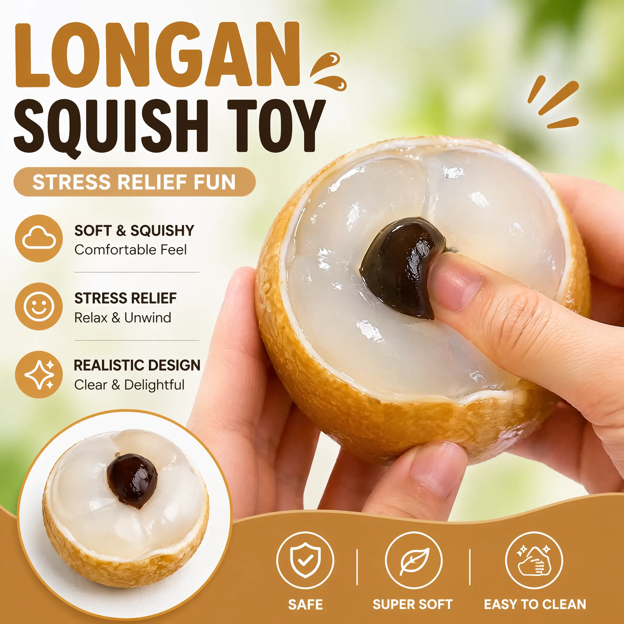 Fidget Toy Squishy, Satisfying ASMR Soft Squeeze Longan Fruit Stress Relief Toy, Simulated Fruit Sensory Mini Pocket Plaything Cute For Hobby Squishy Collectors