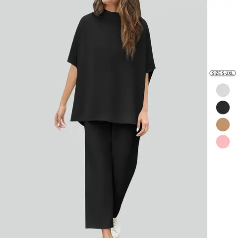 Imily Bela Women's Two Piece Outfits Crew Neck Pullover Tops 3/4 Batwing Sleeve Capelet Wide Leg Pants Casual Lounge Set