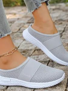Women's Casual Sports Shoes, Comfortable Soft Sole, Breathable Knit Fabric, Low Top Slip On Style Outdoor Half Slippers, All Seasons