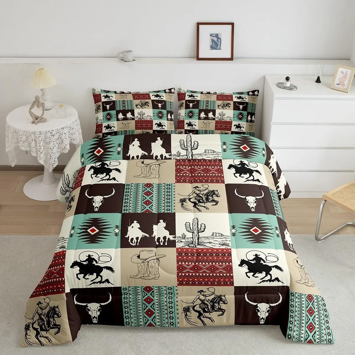 Western Comforter Set Toddler ,Cowboy Comforter for Kids Boys Girls Boho Aztec Bedding Set Deer Antler Duvet Insert Bed Set