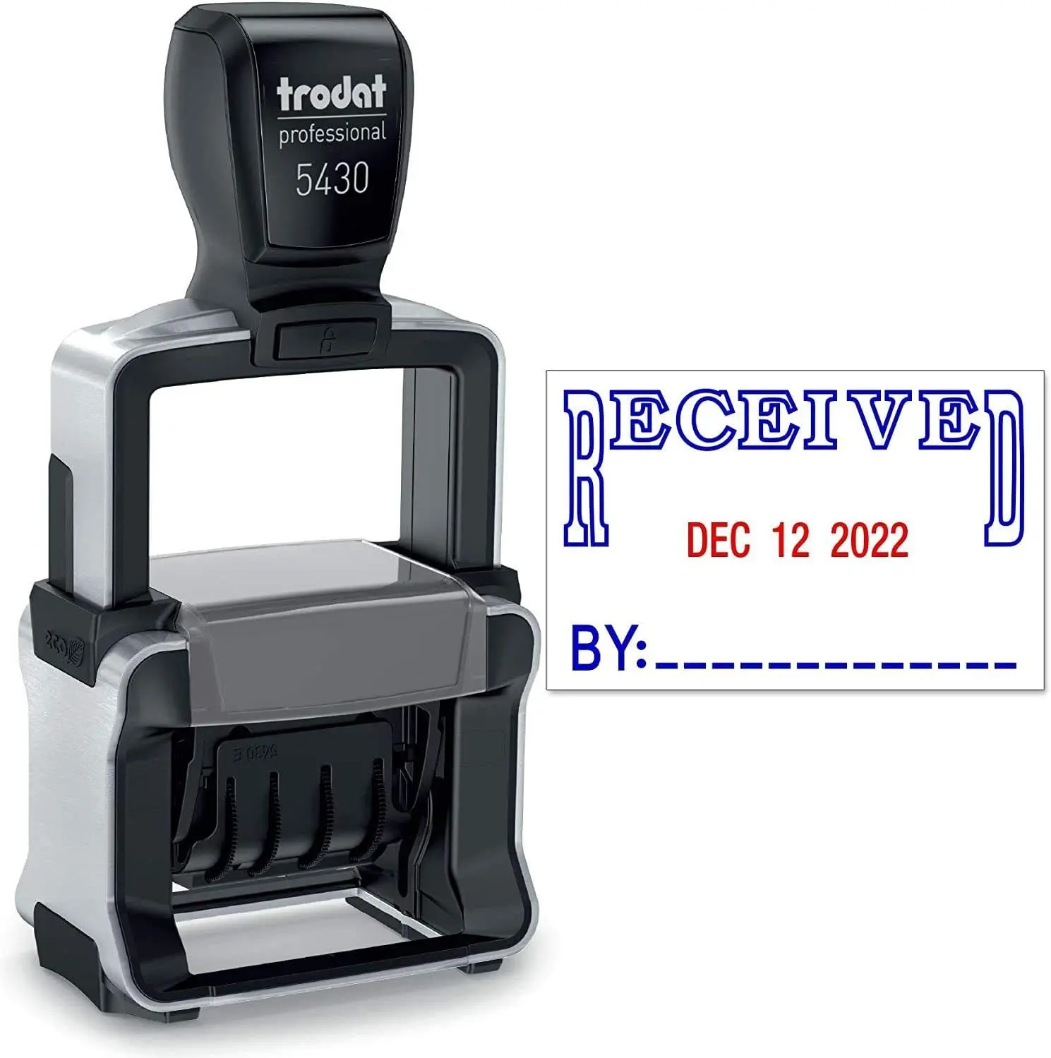 Trodat 5430 Heavy Duty Dater, Month Day Year Format, with Interchangeable Premade Die Plates Red Date and Blue Text