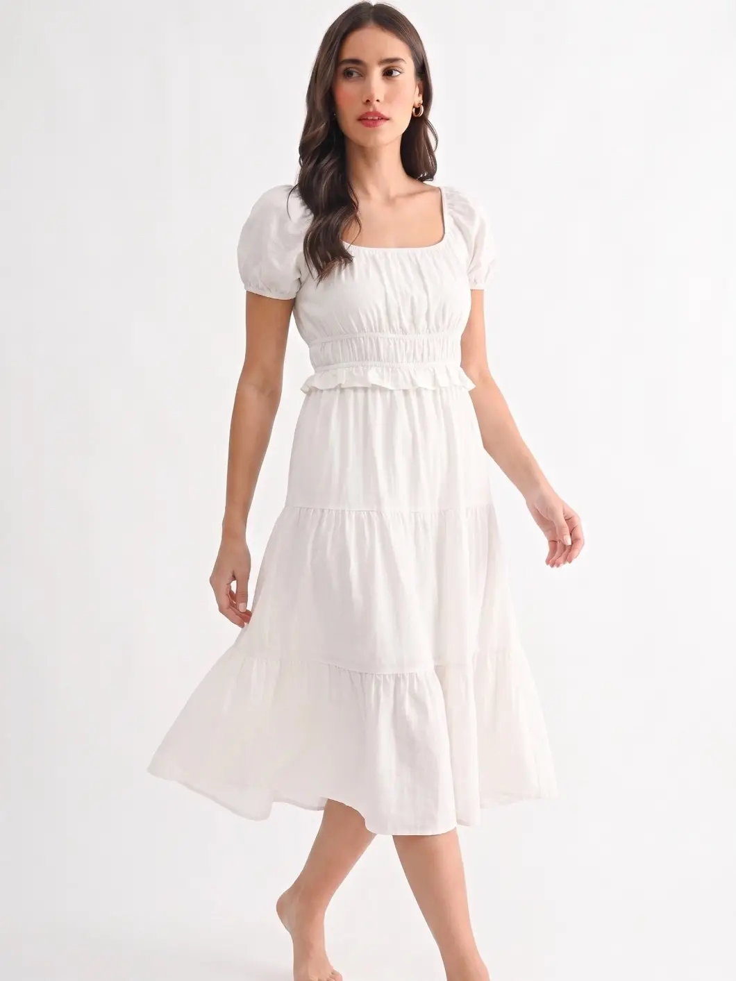 Elegant White Tiered Dress with Puff Sleeves and Square Neckline for Women