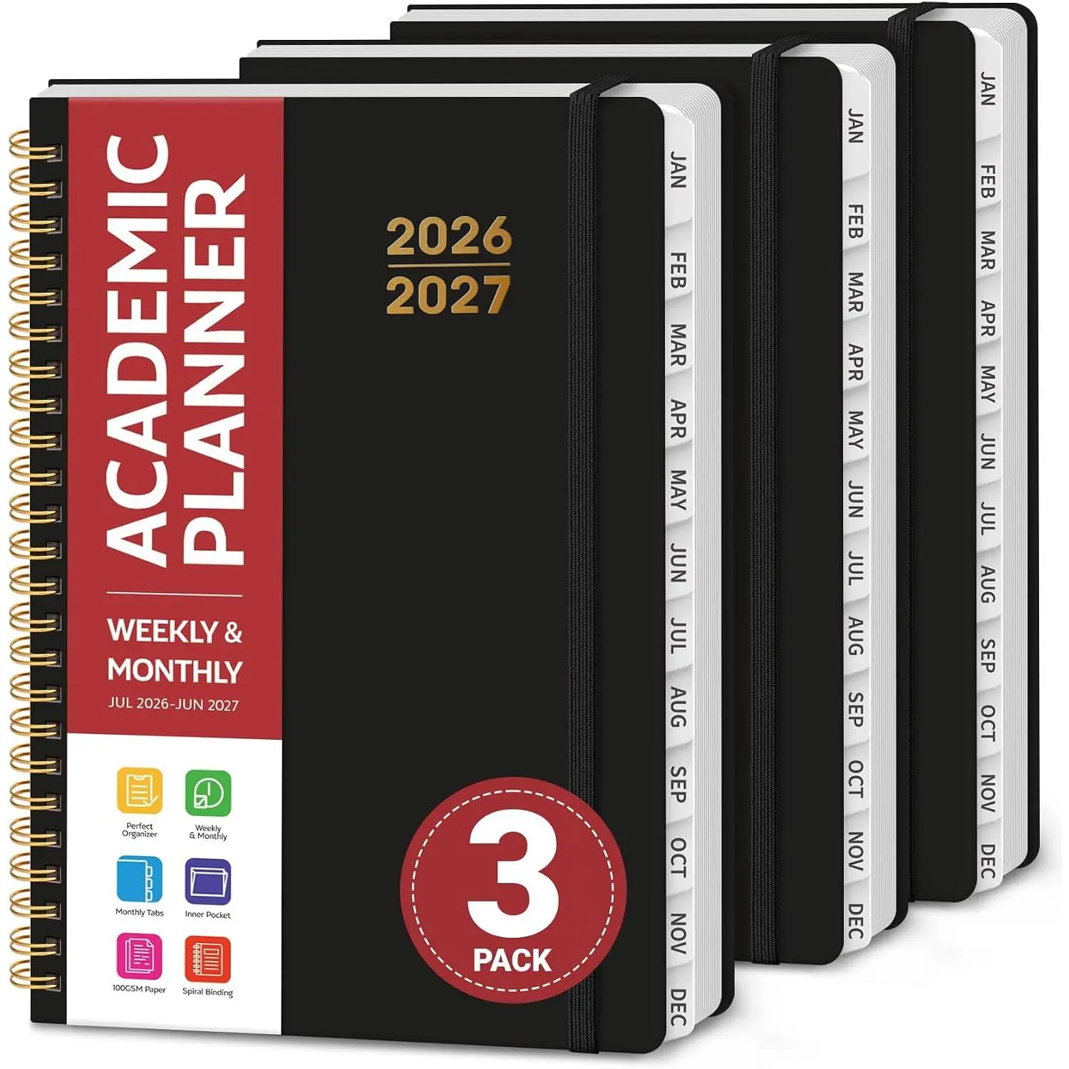 Planner 2026-2027 for Women & Men, Set of 3, Academic Monthly and Weekly Calendar Planner, Jul 2026 - Jun 2027, A5 (6.3" x 8.5"), Teacher Student Planning Book with Tabs, Ideal for Office School Supplies - 3 Black