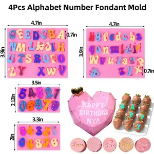 4pcs Letter Molds for Chocolate Covered Strawberries, Silicone Uppercase Lowercase Alphabet Number Fondant Mold for Making Candy, Gummy, Biscuit, Ice Cube Tray, Cake Decorations, Car Interior Accessories Kids Flexible Tin