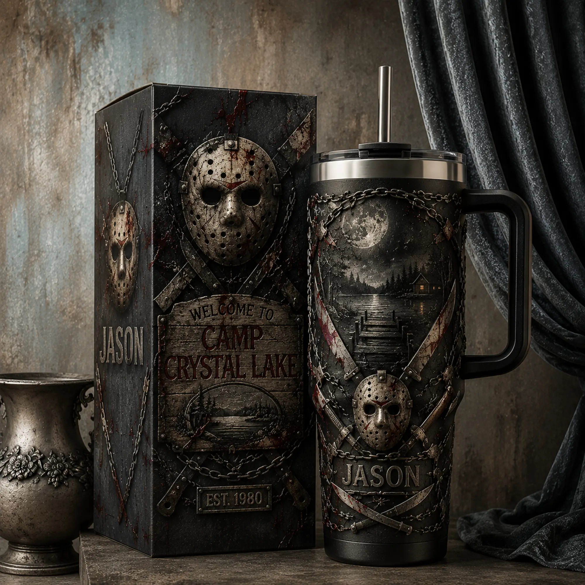 Jason Voorhees Friday the 13th 40oz 20oz Tumbler, High-Quality Insulated Tumbler With Handle, Camp Crystal Lake Slasher Horror Cup, Classic Movie Killer Fan Gift, Leakproof Travel Tumbler
