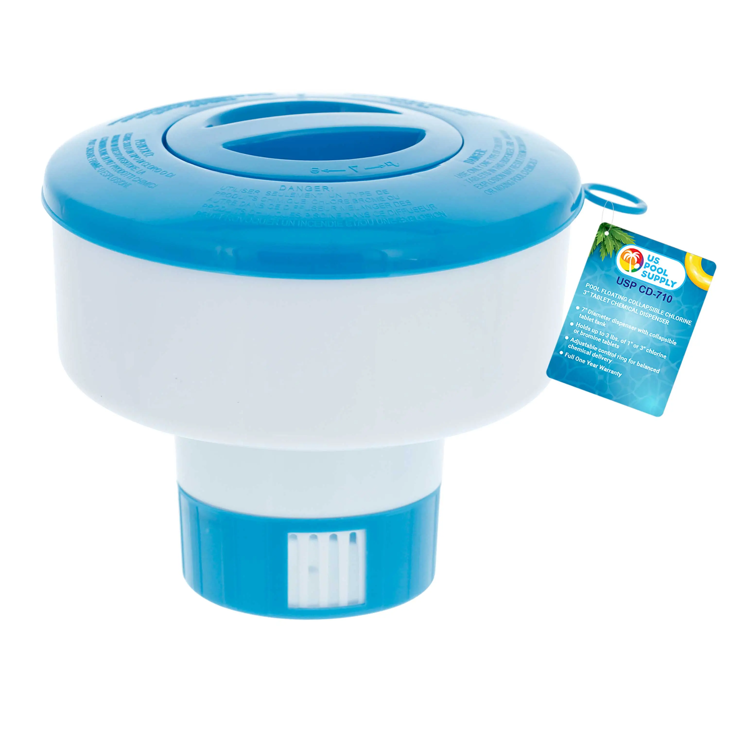 Pool Floating Collapsible Chlorine 3" Tablet Chemical Dispenser, 7" Diameter, Collapsible Tank