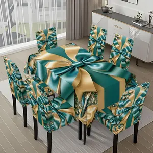 5/7-piece 2D Flat Printing Blue and Gold Bow Ribbon Printing Pattern Tablecloth and Chair Cover Set, for dining table and chair decoration, perfect for home, holiday gatherings, restaurants, and parties.