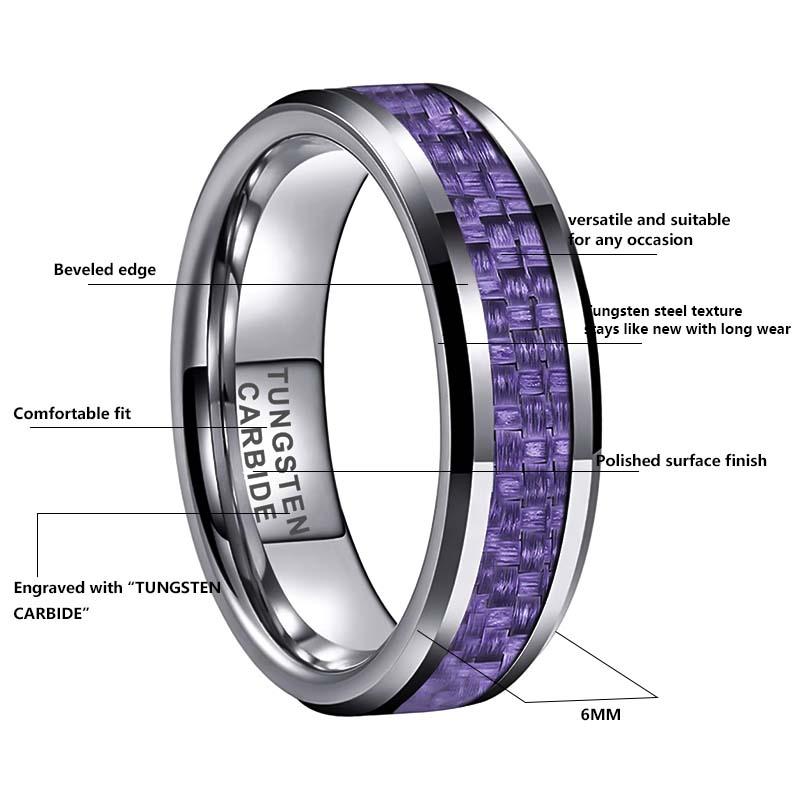 Men's Purple Carbon Fiber Inlay Tungsten Carbide Ring 8mm - Yonifu Scratch Proof Comfort Fit Durable Black Wedding Band Gift for Him