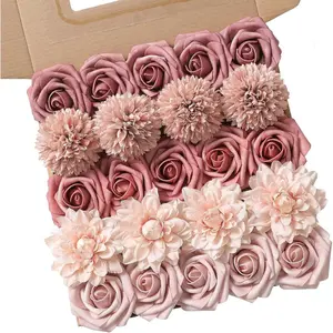 Decorative Silk Artificial Combo Box Set, Gradient Color Flower Leaf with Stems for DIY Wedding Bouquets, Home Decor (Pink Purple)