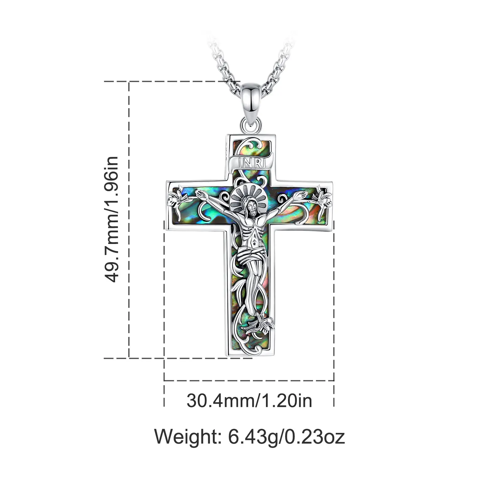 Crucifix Cross with Abalone 24" Box & Rope Chain