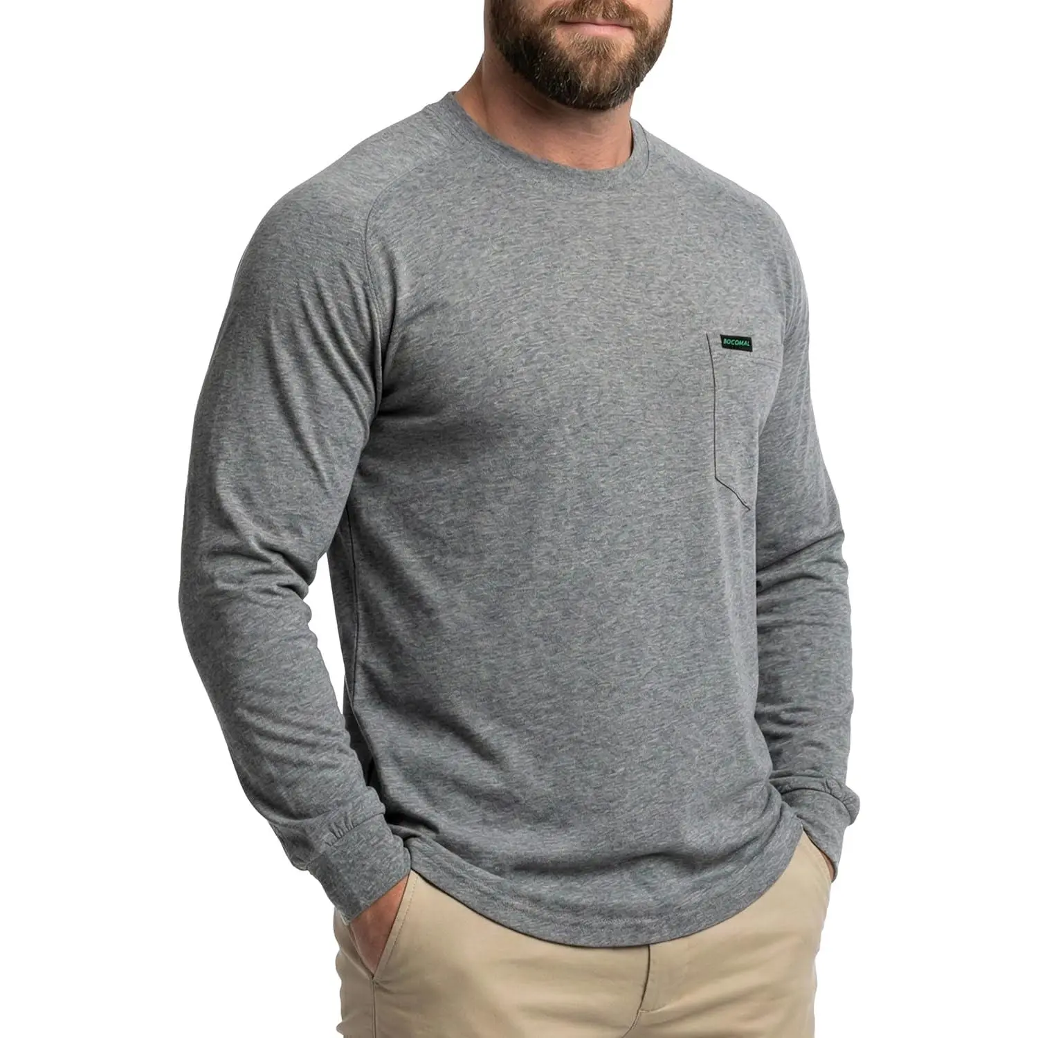 BOCOMAL Men's Work T-Shirts Crewneck Long Sleeve Tees–Lightweight,Stretch-Cotton,EX-Soft,Utility Pockets