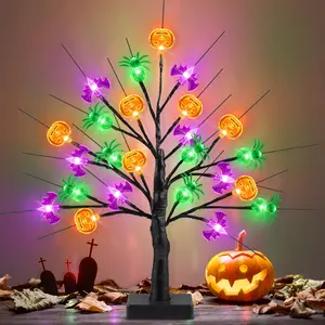 Halloween Decoration Tree LED Pumpkin Bat Spider Lights, USB/battery Powered Illuminated Ghost Tabletop Decor Indoor Outdoor Party Room