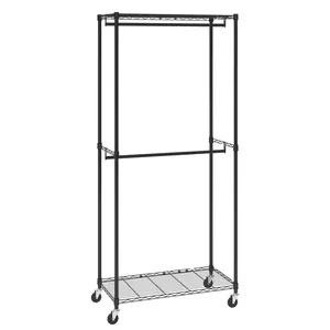 Heavy Duty Clothes Rack With Double Hanging Rods, Garment Rack Featuring Bottom And Top Storage Tiers, Mobile Rolling Wardrobe Rack For Clothes, 1-Inch Diameter Thick Steel Tubes, Supports Up To 300 Lbs
