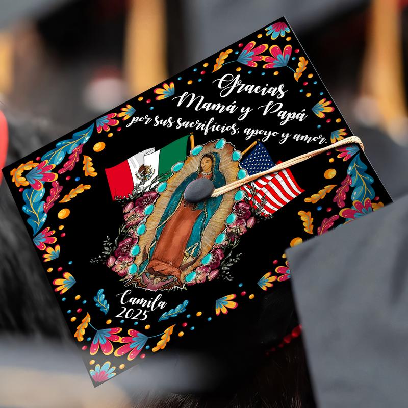 Personalized Gracias Mamá y Papá Guadalupe Printed Grad Cap Topper, Mexican Grad Cap Topper, Latin Graduation Decoration, Class of 2025
