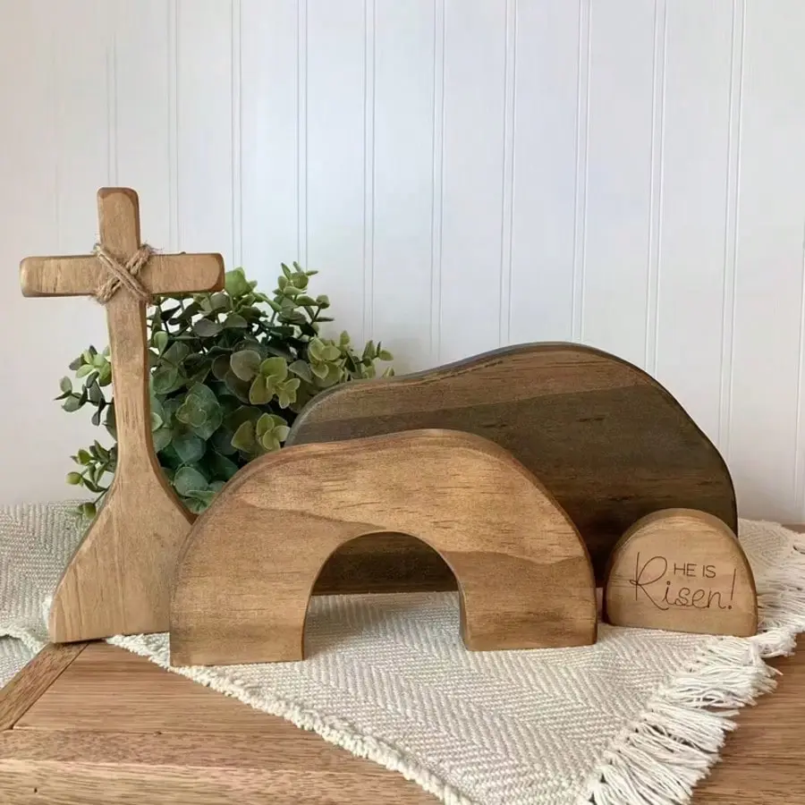 He Is Risen Wooden Tomb Easter Scene And Cross Decoration, Wood Easter Resurrection Scene For Tray, Jesus Nativity Scene Decor For Religious Decorations, Home Office Tabletop, Shelf Decor