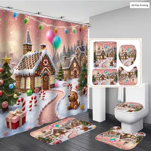 1/3/4PCS Christmas Style Gingerbread Houses with Balloons and Dog Shower Curtain Set with Rugs, Non Slip Bath Mat, U-Shape Carpet, Toilet Lid Cover, Polyester Fabric Bathtub Curtain Accessories, 12 Hooks, Home Bathroom Festival Decor