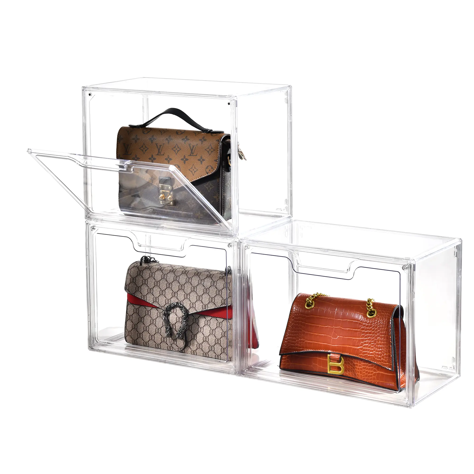 (3 Pack) Purse Organizer for Closet,Clear Acrylic Display Case for Handbag Organizer, Purse Storage Box with Magnetic Door, Plastic Storage Bins for Book, Collectibles, Cosmetic, Stackable Storage Bins