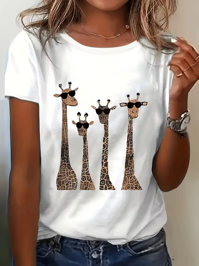 Women'S Fashion Cool Giraffe Print Round Neck Regular T-Shirt