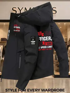 Men's casual trendy hooded windbreaker, 'police speeding joke' trendy cool hooded jacket! Black street style, full of individuality and coolness! Suitable for outdoor activities in all seasons