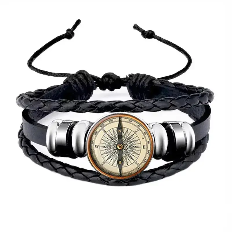Vintage Compass Picture Glass Dome Snap Button Bracelet Multilayer Woven Leather Bracelets For Men Boys