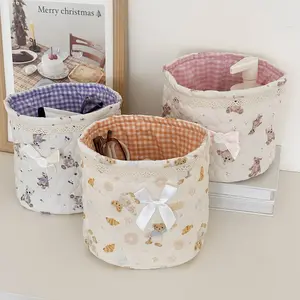 Cute Floral Quilted Fabric Storage Basket, Foldable Round Desktop Organizer for Makeup, Skincare, Sundries, Ins Style Plaid Lined Storage Bin for Home, Dorm, Bathroom