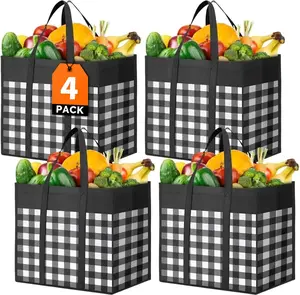 eusable Grocery Bags,4-Pack, Foldable Reusable Shopping Tote Bags bulk with Reinforced Handles,Large Storage Bags with Water Resistant Coating for Groceries,Multipurpose,