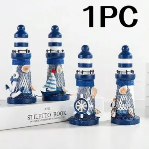 13cm Wooden Mini Lighthouse, Mediterranean Style Home Decor, Handicraft Gift, Ocean Lighthouse Ornament, Coastal Theme Decoration